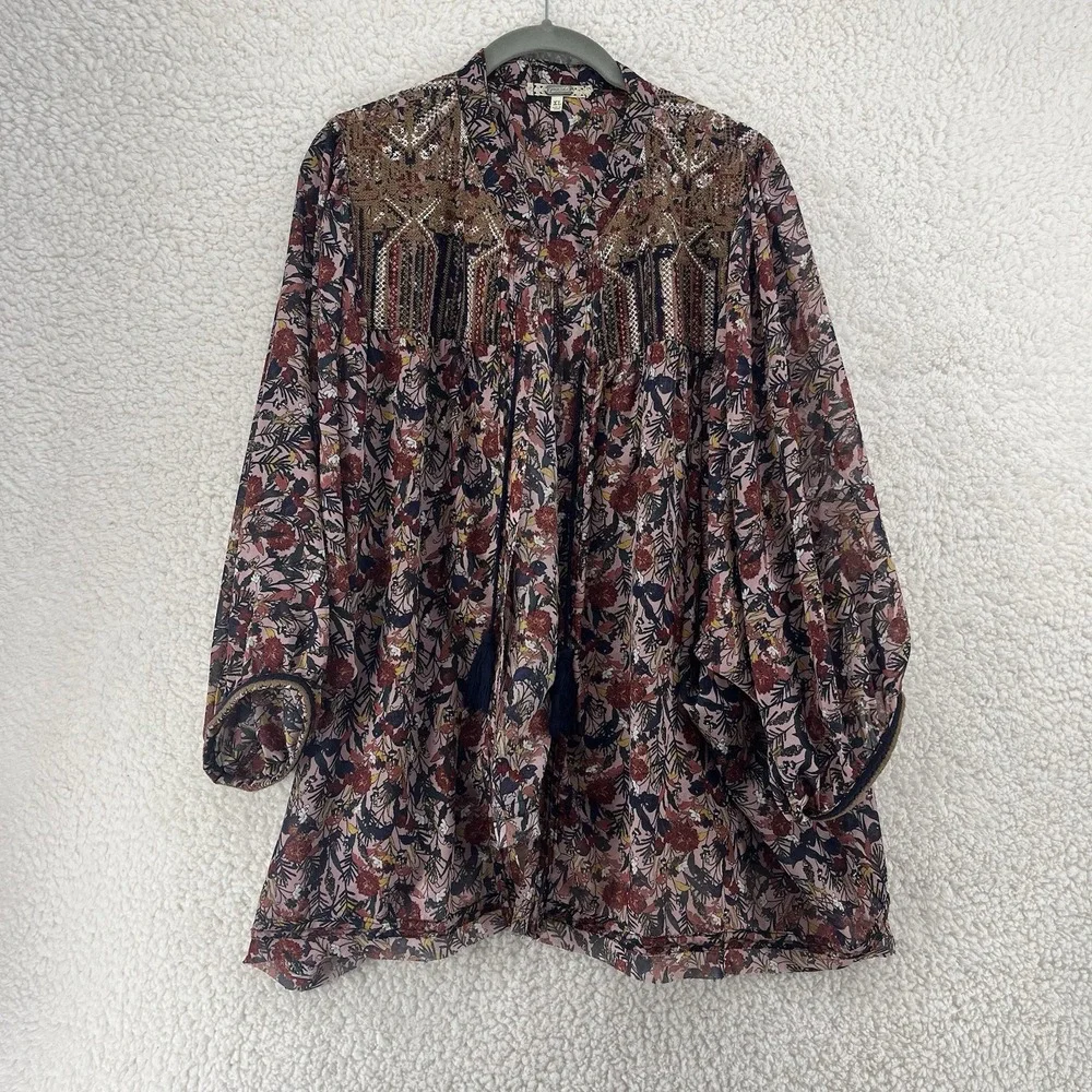 Bohemian Cover Up Size XL Floral Open Front Cardigan Tassel Tie Floral Festival